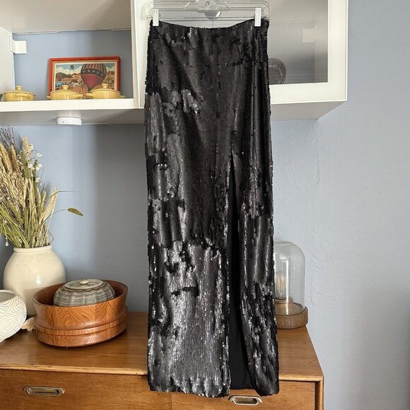 Blaque Label Mind Over Matter Black Sequin Maxi Skirt Size S Front Slit - Picture 1 of 11